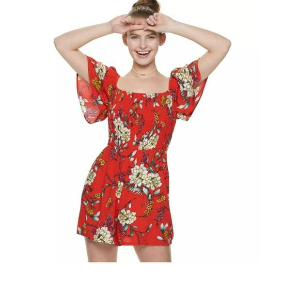 Women Romper Sz S Lily Rose Smocked Scoopneck Flutter sleeves floral red - Picture 2 of 7